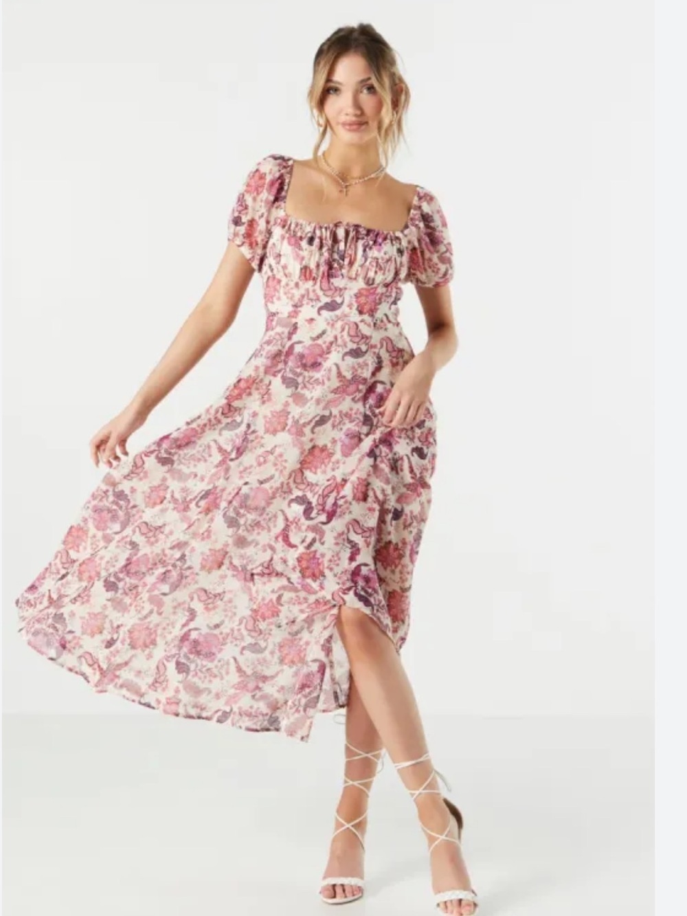 Forever 21 Peasant - Floral Puff-Sleeve Midi Dress in Cream and Pink-Size Large